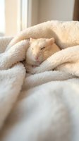 Adorable orange and white kitten sleeping peacefully wrapped in soft cream blanket on cozy bed. Warm sunlight creates serene domestic pet moment.