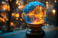 Magical crystal ball with glowing golden lights and sparkles inside on wooden surface against blurred bokeh background, mystical fortune telling sphere.