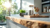 Sunlit modern kitchen counter with raw edge wooden slab and glass jar of coffee beans, creating warm morning atmosphere. Natural light streams through window.