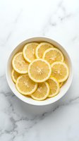 Fresh lemon slices arranged in white bowl on marble surface for healthy cooking and natural vitamin C supplement concepts.