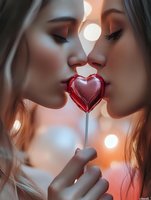 Young woman with closed eyes holding red heart-shaped lollipop candy near lips with warm bokeh lights creating romantic Valentine's Day atmosphere.
