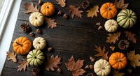 Autumn harvest display with colorful pumpkins, maple leaves and pine cones arranged on rustic wooden background for seasonal decoration and thanksgiving themes.