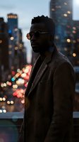 Young Black male wearing round sunglasses and dark coat against illuminated city skyline at dusk. Urban fashion portrait with bokeh lights. Suitable for lifestyle, fashion, and contemporary advertising.