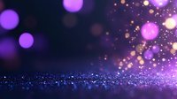 Purple and gold glowing bokeh lights on dark background with sparkle effect and defocused particles creating magical atmospheric scene.