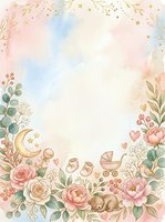 Watercolor baby shower frame with soft pastel florals, moon, stars, and carriage elements on cream background, isolated on white for greeting cards, invitations, and nursery designs.