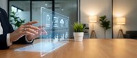 Businesswoman interacting with holographic digital interface displaying analytics and financial data on wooden desk in modern office environment.