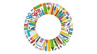 Colorful international flags arranged in circular pattern around white center space, representing global unity, world cultures, and international communication for design projects.