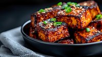 Glazed tofu cubes in sweet and spicy Asian sauce garnished with green onions and sesame seeds served in black ceramic bowl on dark background.