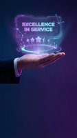 Businessman hand holding glowing neon hologram with excellence in service text and five star rating. Digital technology concept for customer satisfaction, quality service delivery, and business success.