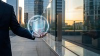Business professional holding glowing shield icon representing cybersecurity protection and data safety in modern corporate office environment at sunset.