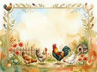 Watercolor farm scene with rooster and hens in a floral decorative border, copy space in center for text or design use.