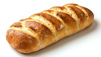 Fresh baked braided bread loaf with golden brown crust and distinctive pattern on white background, ready for food photography and packaging design.