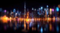 Illuminated Dubai skyline with Burj Khalifa reflecting in water at night, colorful bokeh lights creating dreamy atmosphere, modern cityscape with glowing skyscrapers.