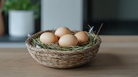 Fresh brown eggs nestled in woven basket with natural hay, photographed on wooden surface against blurred kitchen background, farm-to-table concept.