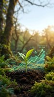 Green plant seedling with digital growth charts and financial data overlay representing sustainable investment and eco-friendly business development in nature.