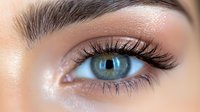 Close up macro shot of bright blue eye with long eyelashes, natural makeup, and groomed eyebrow showing beauty and cosmetic details on light skin.