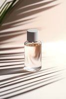 Elegant perfume bottle with palm leaf shadows on beige background, minimal luxury cosmetic product photography for beauty and fragrance marketing.