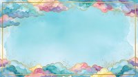 Watercolor sky background with colorful pastel clouds and golden frame border, soft blue tones with pink, purple, and yellow accents.
