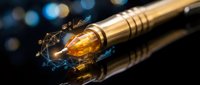 Luxury golden fountain pen with glowing amber nib surrounded by magical light effects and sparkling particles on dark background for premium writing concepts.