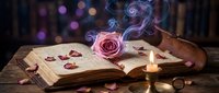 Open book with pink rose and magical smoke swirling above pages, surrounded by scattered petals and candles on wooden surface with bokeh background.
