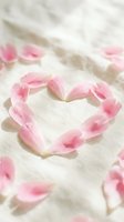 Pink rose petals arranged in heart shape on white fabric background for romantic wedding Valentine's Day celebration and love concept decoration.