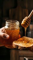 Honey dripping from wooden dipper onto toasted bread slice, jar held in hand against dark background. Use for food, breakfast, natural sweetener, and culinary content.
