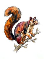Watercolor squirrel with vibrant orange and burgundy fur perched on branch with leaves, isolated on white background for design and print use.