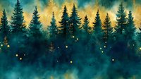 Mystical pine forest silhouettes against golden sky with glowing fireflies and misty atmosphere, creating enchanting woodland scene in teal and amber tones.