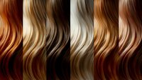 Collection of wavy hair samples in various shades from auburn and copper to blonde and platinum, showcasing different color options for hairstyling and beauty industry.