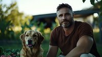 Mature Caucasian man with gray hair and beard wearing brown t-shirt embracing golden retriever dog outdoors during sunset, expressing joy and companionship in backyard setting.