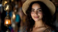 Young woman with long dark hair and olive complexion wearing a straw hat, smiling at camera in warm, bokeh-lit setting with hanging lanterns and decorative elements, suitable for travel, lifestyle, and portrait use.