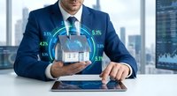 Professional businessman in navy suit analyzing real estate investment data with holographic house model and financial percentages in modern office.