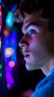 Side profile of young man illuminated by vibrant neon lights creating dramatic purple and blue color effects against dark background, capturing contemplative expression.