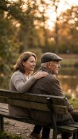 Senior Caucasian man and middle-aged woman sitting together on park bench during golden hour sunset, showing intergenerational bonding and family connection.