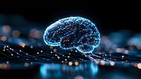 Glowing digital brain visualization with neural network connections floating over reflective surface against dark background with bokeh light effects.
