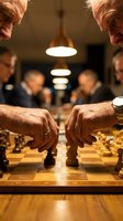 Two senior men playing chess in warm cafe atmosphere with focused concentration and strategic thinking for leisure and mental exercise activities.