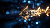 Digital arrow made of glowing binary code and light particles pointing left on dark background with bokeh effect, representing data flow and digital transformation.