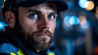 Close up portrait of bearded Caucasian male worker in safety vest and cap at night with blue lighting and bokeh background, looking intensely at camera.