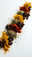 Colorful spices and herbs scattered on white background with turmeric, paprika, star anise, peppercorns and dried seasonings for cooking and culinary arts.