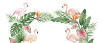 Tropical flamingos with lush green palm leaves and vibrant flowers arranged in a decorative frame border for invitations, greeting cards, and tropical-themed designs.