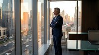 Mature male professional in dark business suit standing by floor-to-ceiling windows overlooking urban cityscape at sunset, contemplating career success and leadership opportunities.