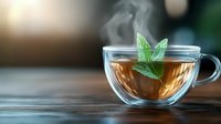 Steaming glass cup of hot herbal tea with fresh mint leaves on wooden table, soft bokeh background creates cozy atmosphere for relaxation and wellness.