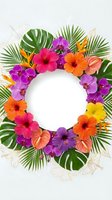 Tropical flower wreath with hibiscus, orchids and palm leaves arranged in circle frame on white background for summer decoration and design projects.