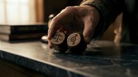Male hand holding wooden dice with cryptocurrency symbols on dark surface in warm lighting for gaming and digital finance concepts.