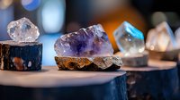 Raw amethyst and crystal specimens displayed on dark surface with soft bokeh background lighting creating mystical atmosphere for spiritual and healing concepts.