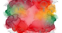 Asian new year celebration with red, gold, and green watercolor wash background featuring traditional lantern line art decorations, suitable for holiday greeting cards and festive marketing materials.