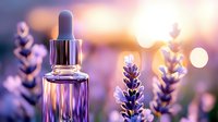 Lavender essential oil dropper bottle with fresh purple flowers in soft sunset light, aromatherapy and wellness concept for natural skincare and spa treatments.