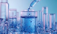 Laboratory glass beaker with blue liquid and falling drop, surrounded by test tubes in scientific research setting. Chemical reaction experiment closeup.