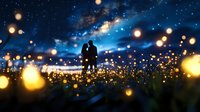 Romantic silhouette of couple embracing against starry night sky with glowing bokeh lights and magical atmosphere creating dreamy outdoor scene.