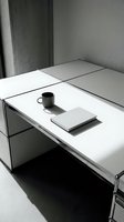 Minimalist workspace with white desk, black mug, and notebook in modern office interior with concrete walls and natural lighting.